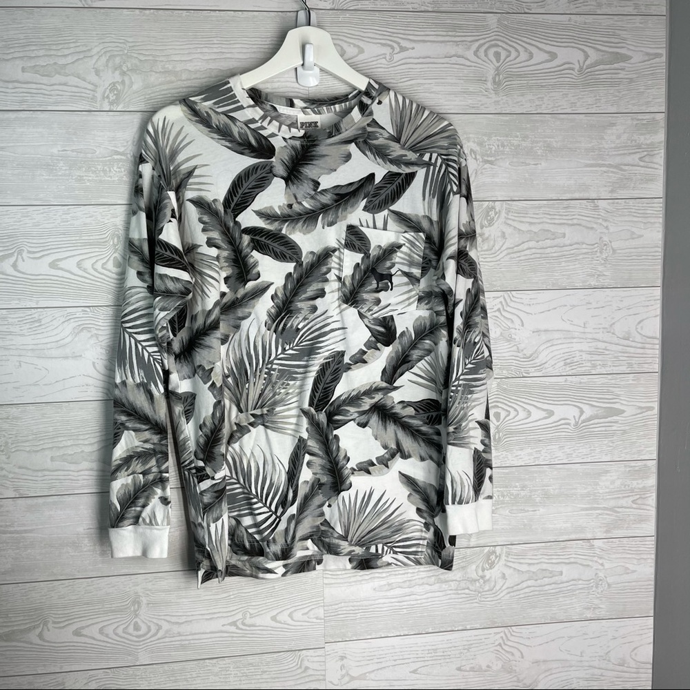 PINK Crew Neck Grey Tropical Palm Sweatshirt M
